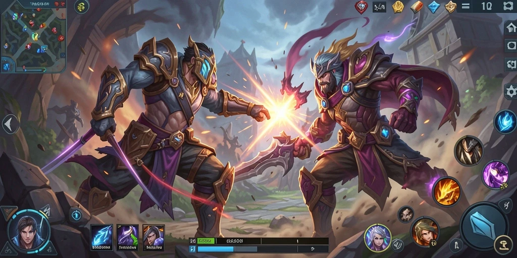 Screenshot gameplay yang menampilkan pertempuran seru di arena MOBA.