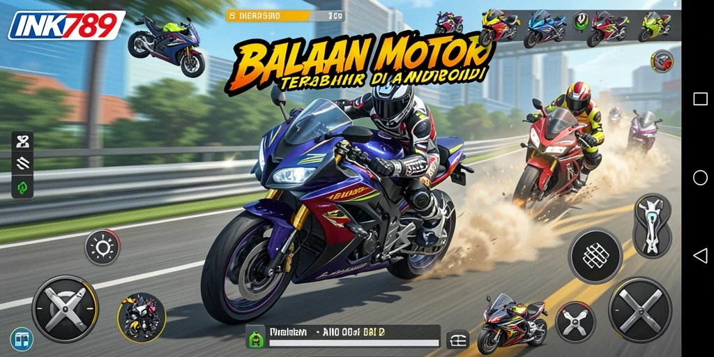 Tampilan gameplay mendebarkan dari INK789, balapan motor yang penuh aksi.