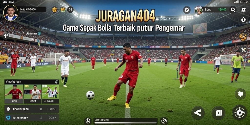 Tampilan gameplay mendebarkan dari JURAGAN404 yang menampilkan aksi sepak bola.