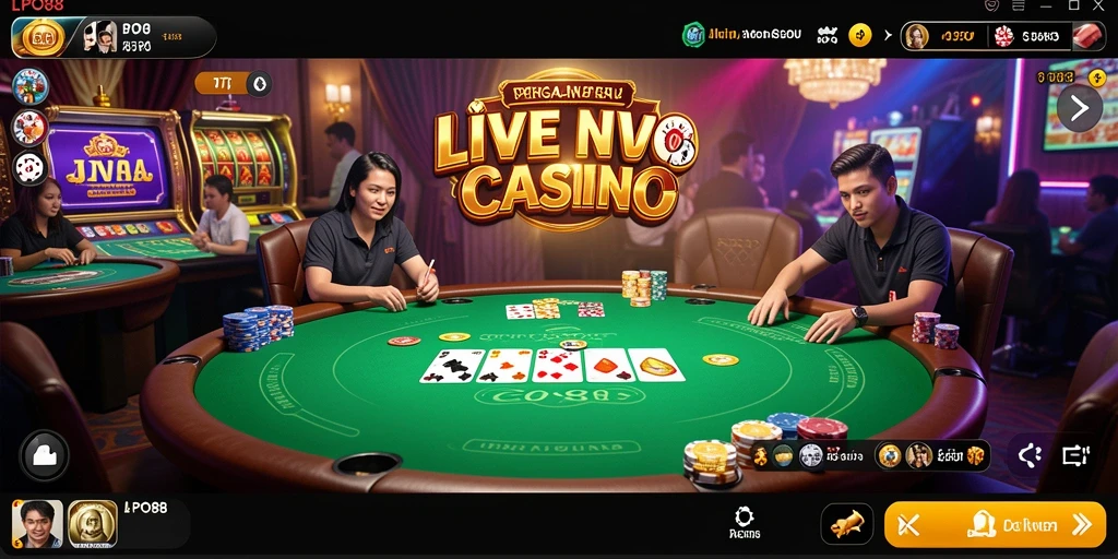 Screenshot gameplay LPO88 menunjukkan dealer langsung dan permainan kasino yang seru.
