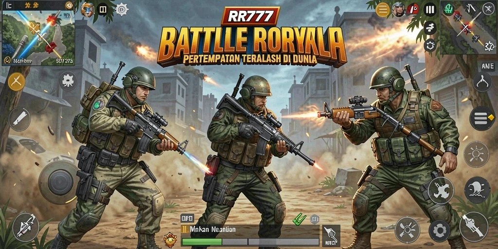 Tangkapan layar utama RR777 menampilkan intensitas pertempuran di arena Battle Royale.