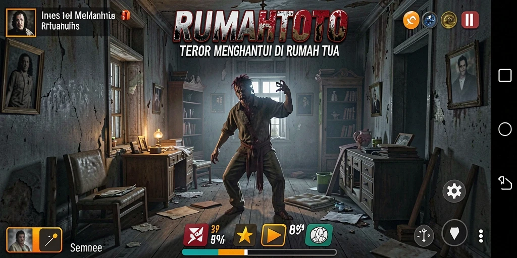 Screenshot RUMAHTOTO menampilkan ketegangan saat menjelajahi ruangan gelap.