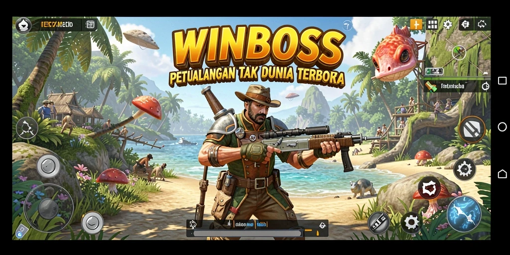 Skrinsut gameplay WINBOSS menunjukkan eksplorasi dunia terbuka yang menakjubkan.